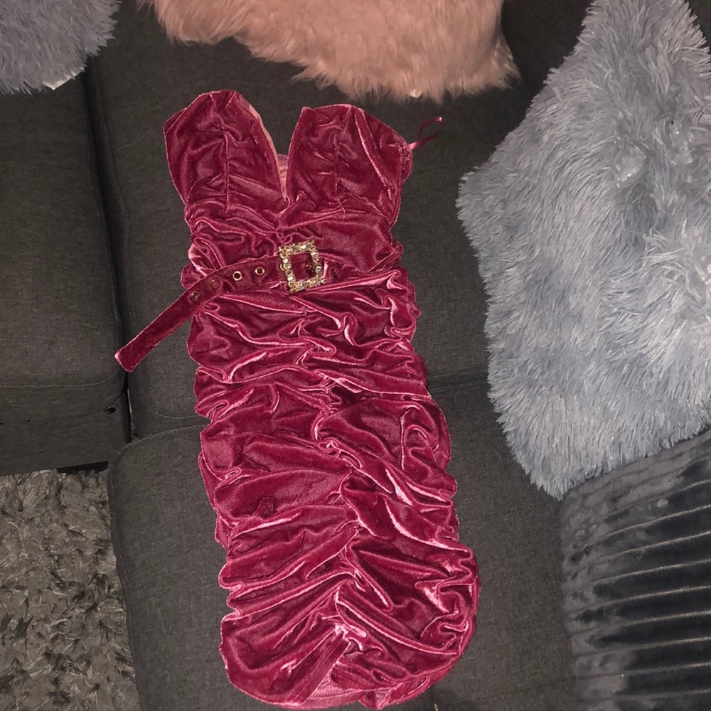 Ruffle topless plum color suede mini dress